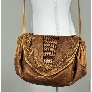 Vintage Sharif Leather Crossbody Handbag Braided Trim Slouch Boho Western Brown